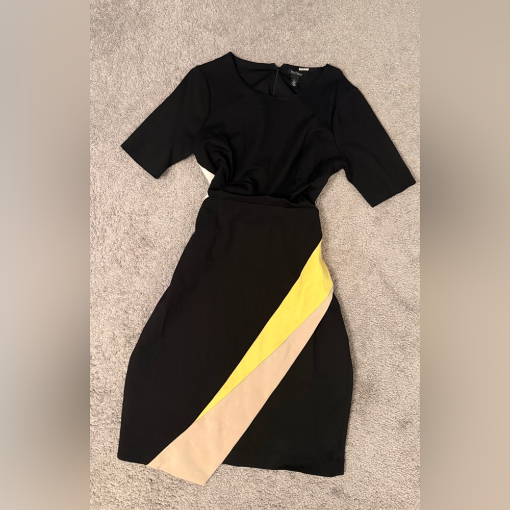 White House Black Market Black Dress with Yellow and Tan Stripes
